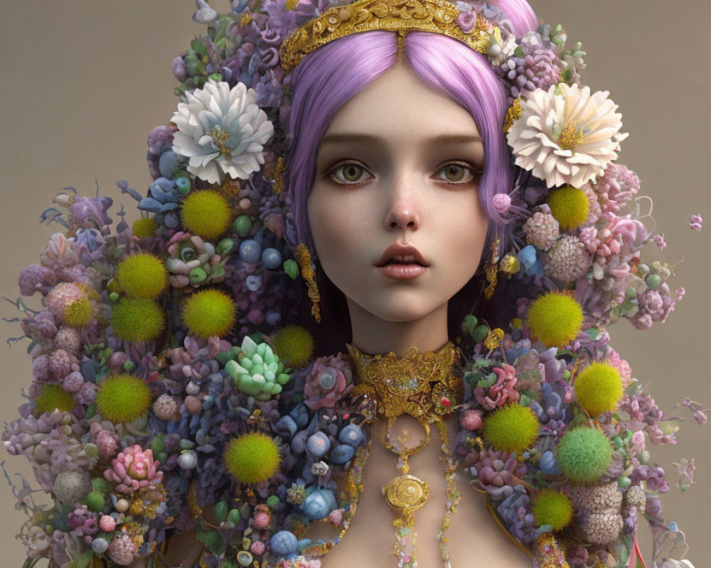 Digital artwork: Woman with purple hair, adorned with flowers and jewelry