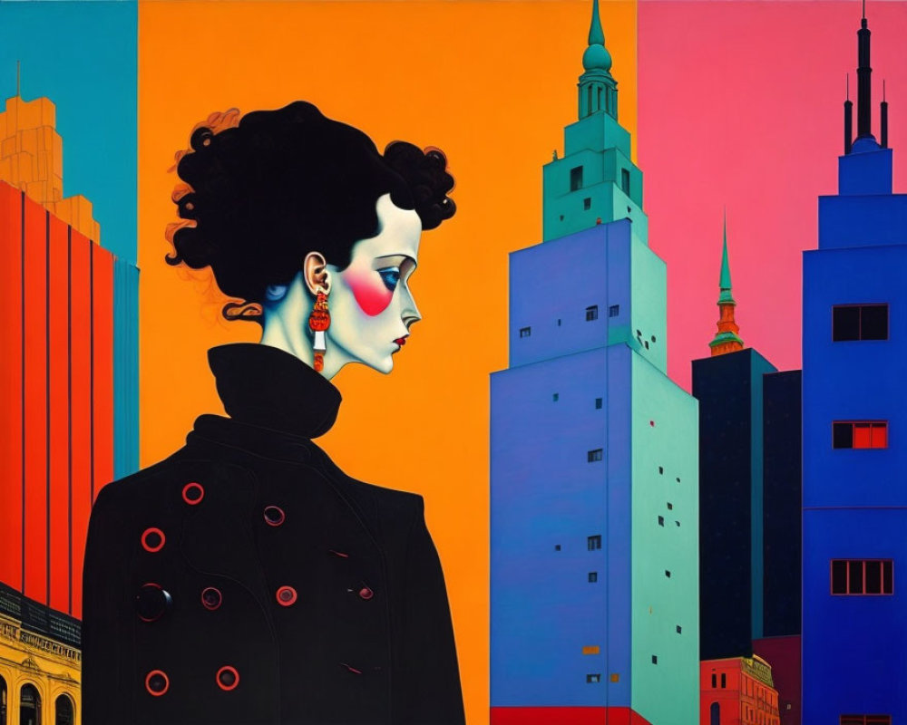 Colorful cityscape backdrop with woman in stylized portrait, red blush, facing left.
