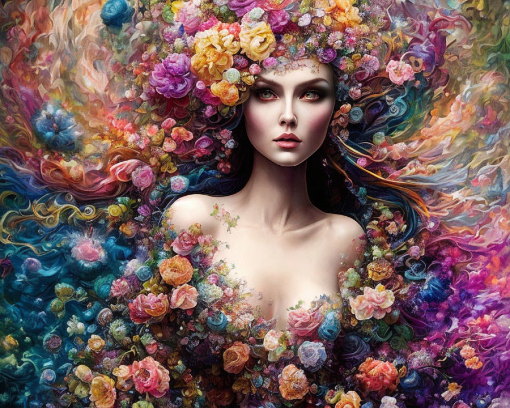 Colorful artwork of woman with floral headdress and swirling tendrils