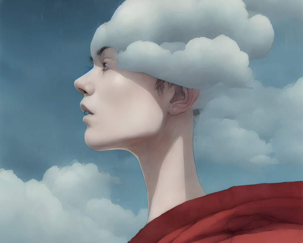 Digital artwork: Profile view of person with cloud hair against cloudy sky