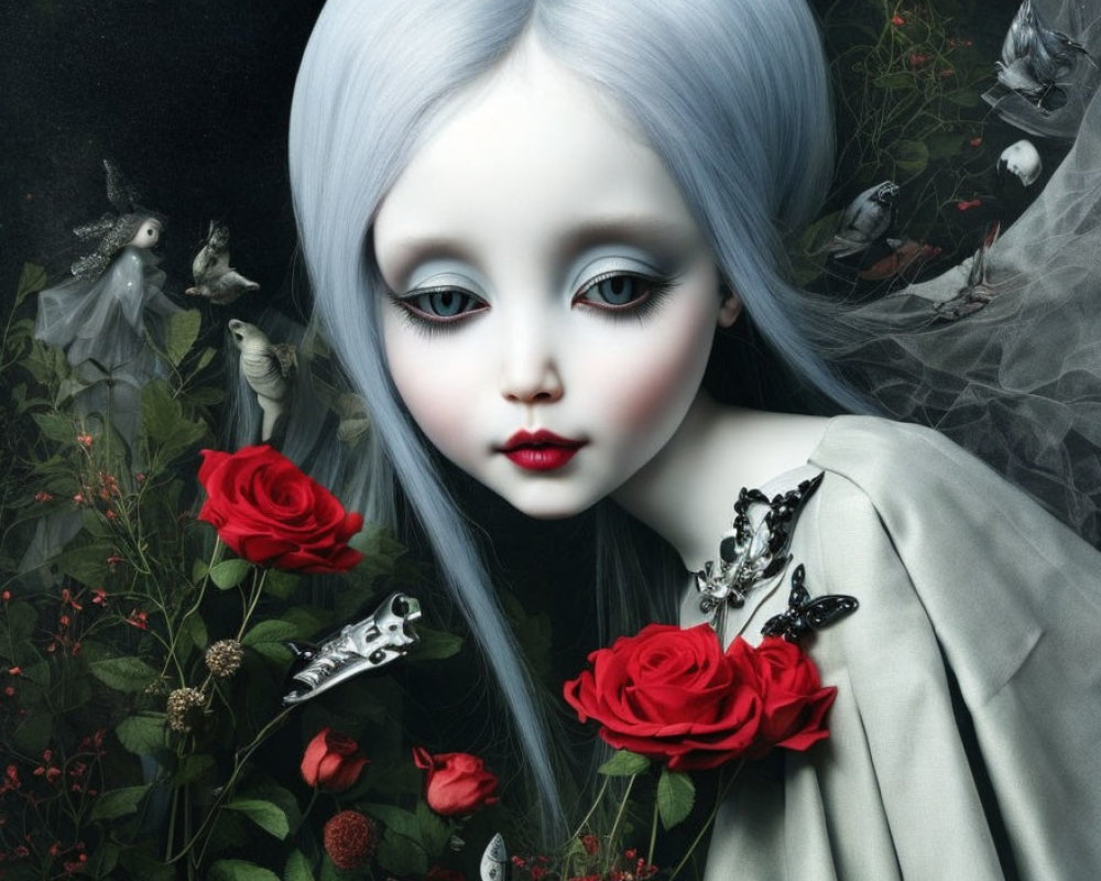 Surreal doll-like figure with blue hair among red roses and dark birds