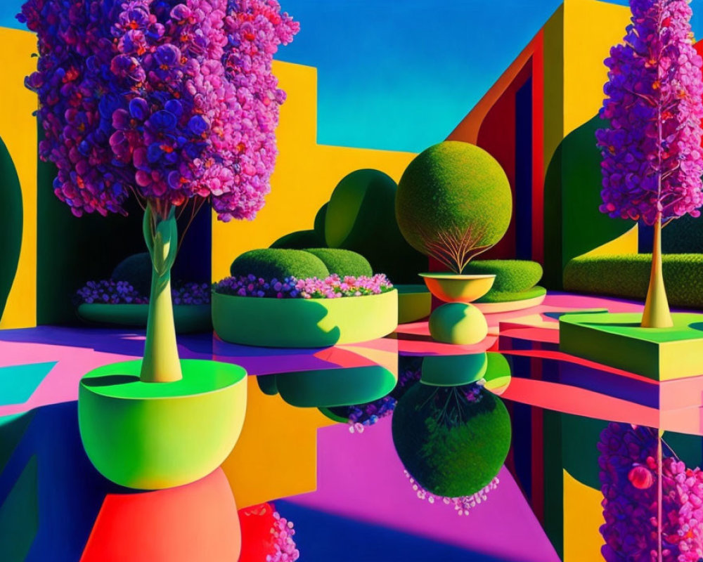Colorful digital artwork: Stylized trees and bushes in geometric shapes and vivid colors.