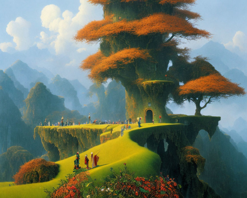 Vibrant fantasy landscape with towering trees and tiny explorers.