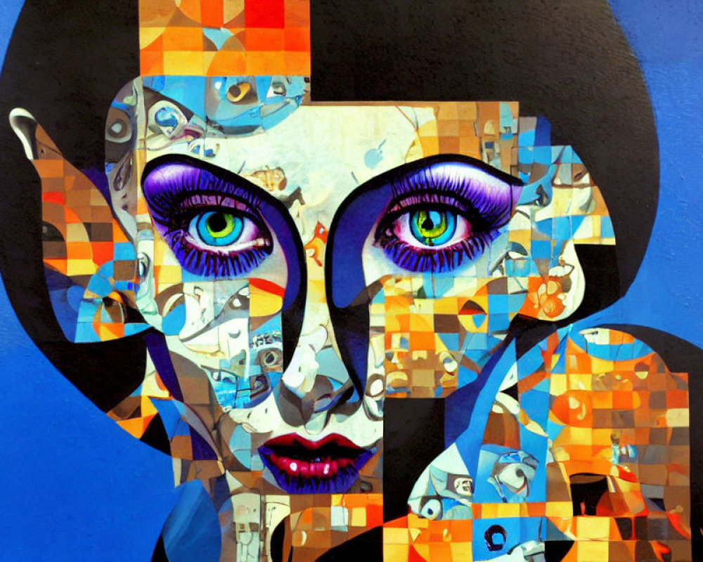 Colorful geometric street art mural of a woman with intense blue eyes