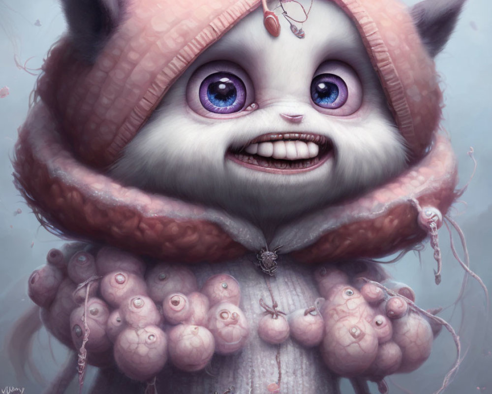Fantastical creature with large purple eyes and white fur wearing a pink hood and a patterned sweater
