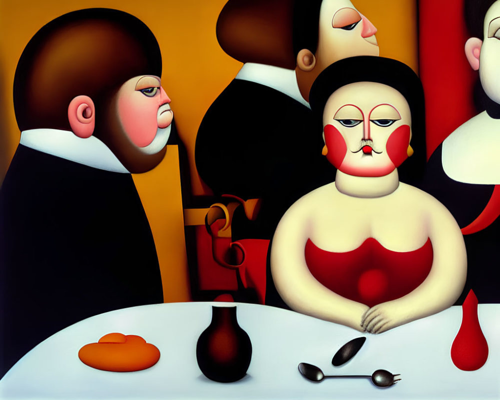 Abstract painting of five exaggerated figures at table with fruit and utensils