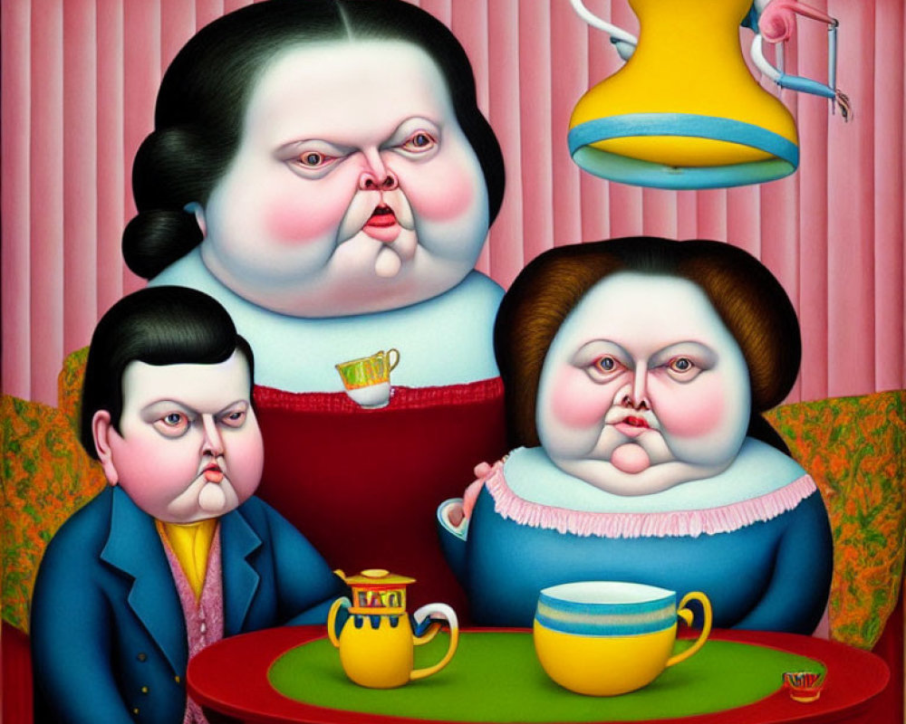 Surreal painting featuring stylized, rotund figures at a red table