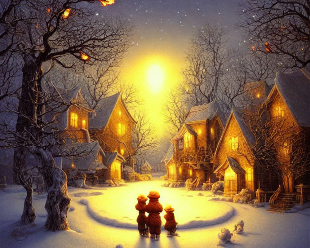 Two People in Winter Clothing Observing Cottage in Snowy Night