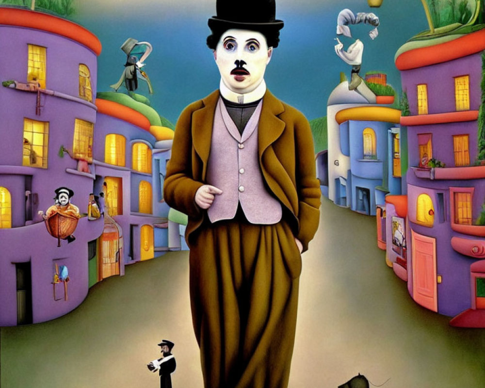 Surreal painting featuring large Charlie Chaplin surrounded by smaller figures in colorful street