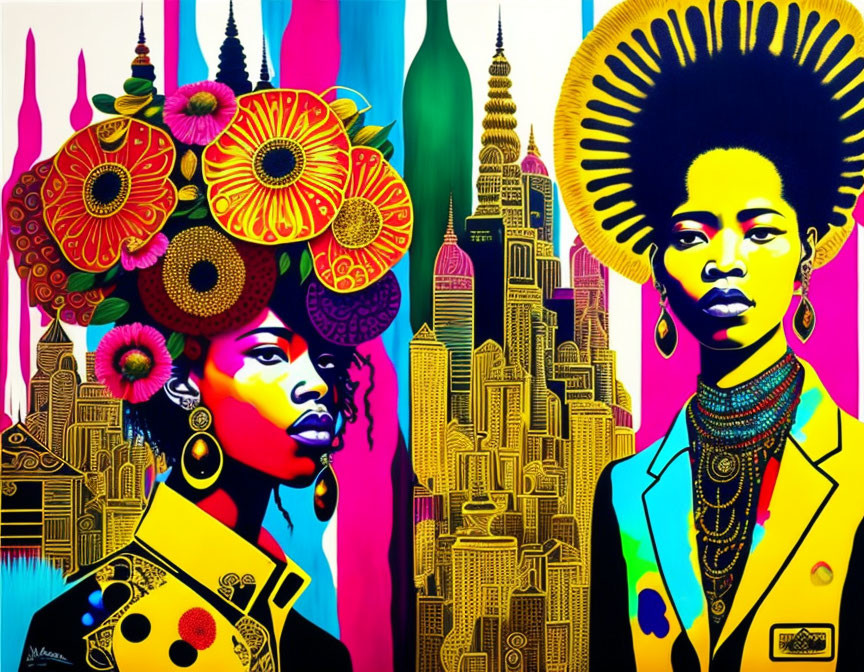 Vibrant artwork: two women with afros and cityscape motifs on colorful backgrounds