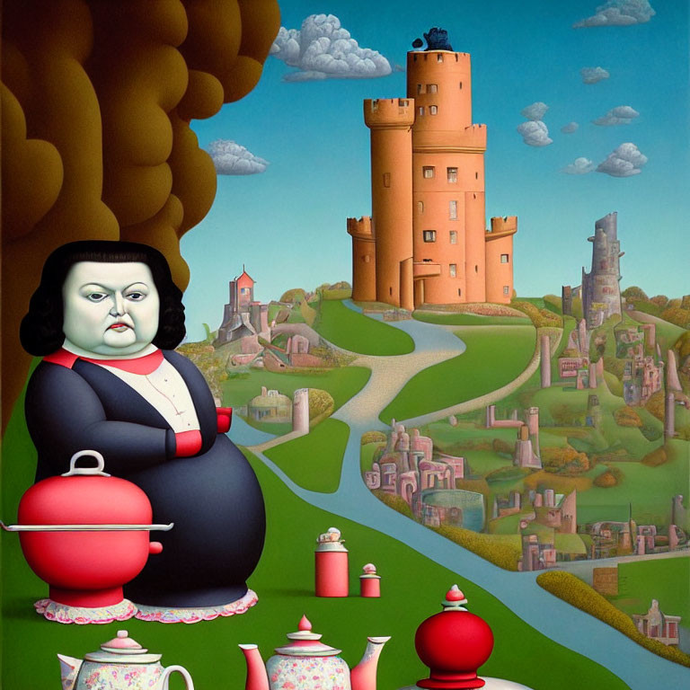 Surreal painting of plump woman with teapot in whimsical landscape