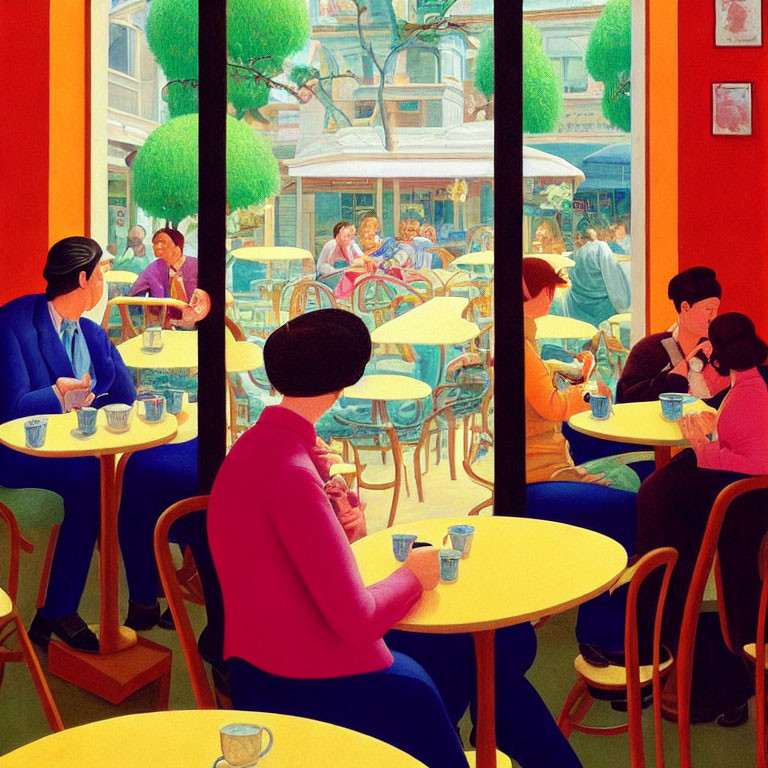 Vibrant café scene with indoor and outdoor patrons against colorful backdrop