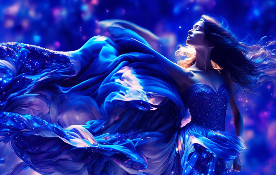 Woman with flowing hair in glittering blue dress in star-filled space