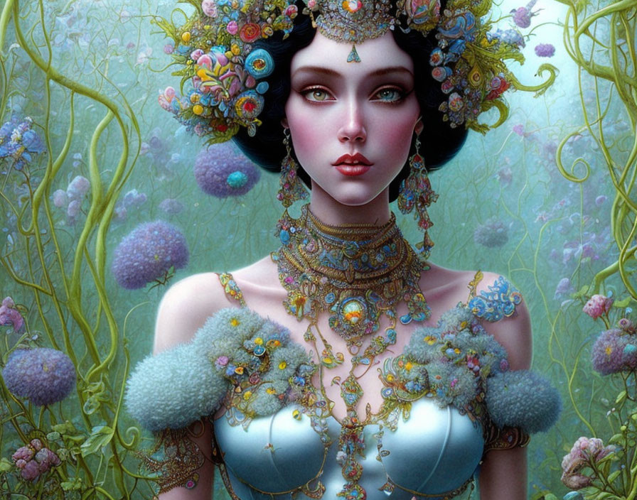 Fantasy-inspired woman illustration in lush floral setting