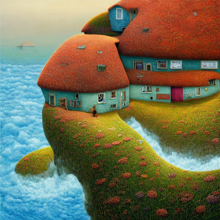 Whimsical painting of house with orange roofs on floating hill above clouds