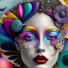 Colorful Digital Artwork: Stylized Woman's Face with Intricate Patterns