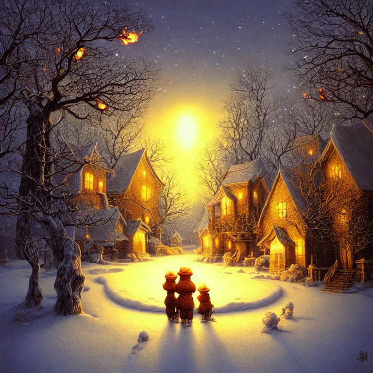 Two People in Winter Clothing Observing Cottage in Snowy Night