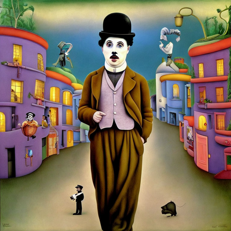 Surreal painting featuring large Charlie Chaplin surrounded by smaller figures in colorful street