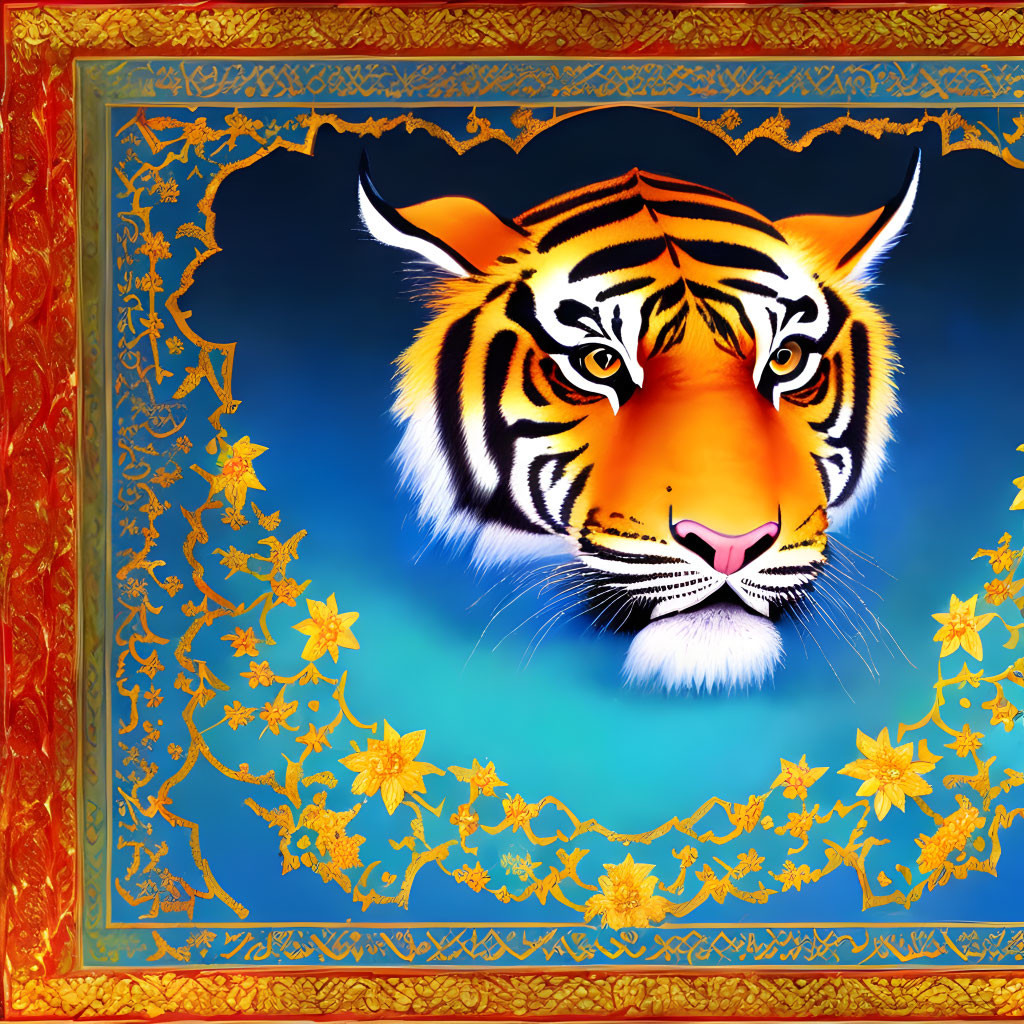 Colorful Tiger Face Illustration on Blue Background with Floral Patterns and Red Gold Border