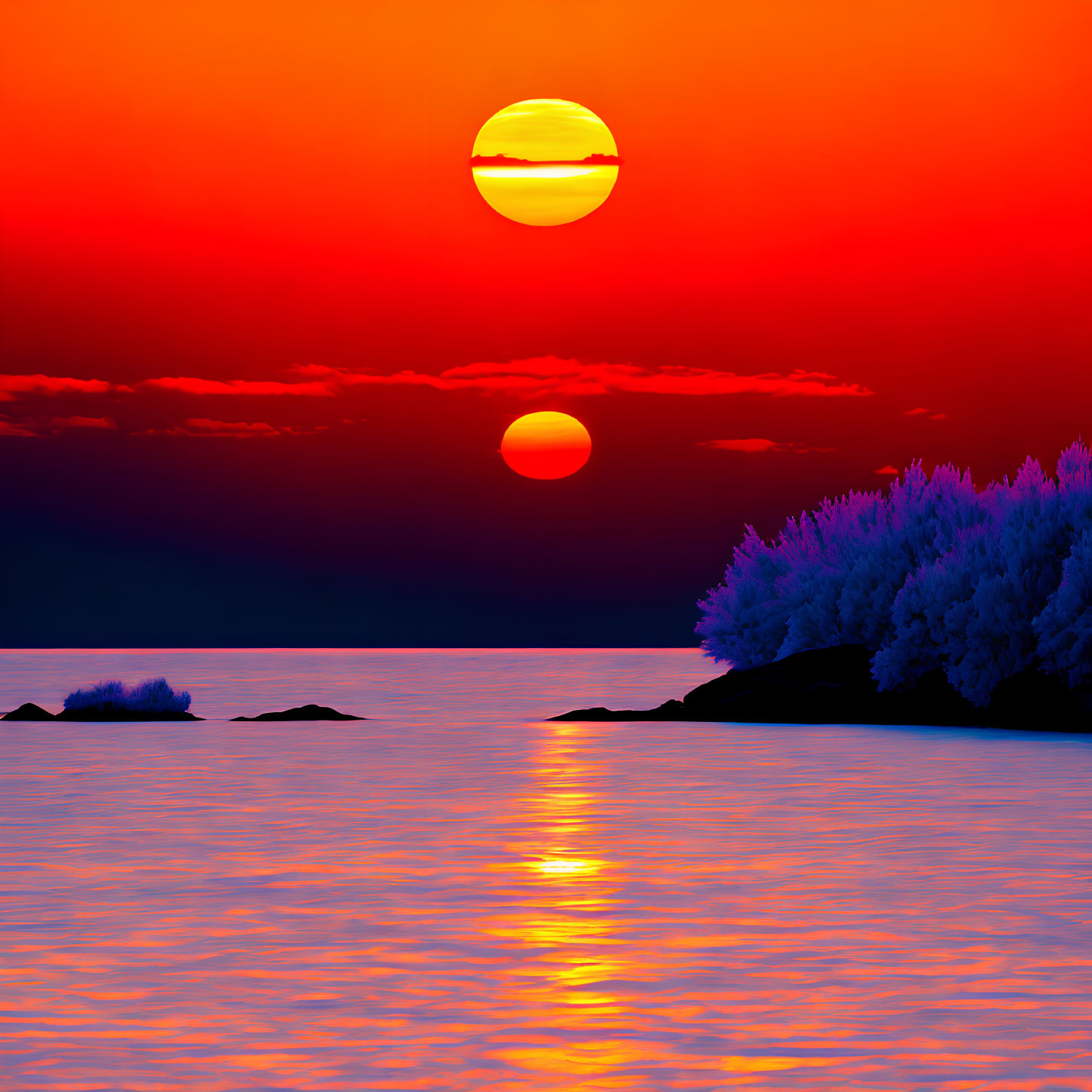 Scenic sunset with large sun, tranquil water, trees, and rocks