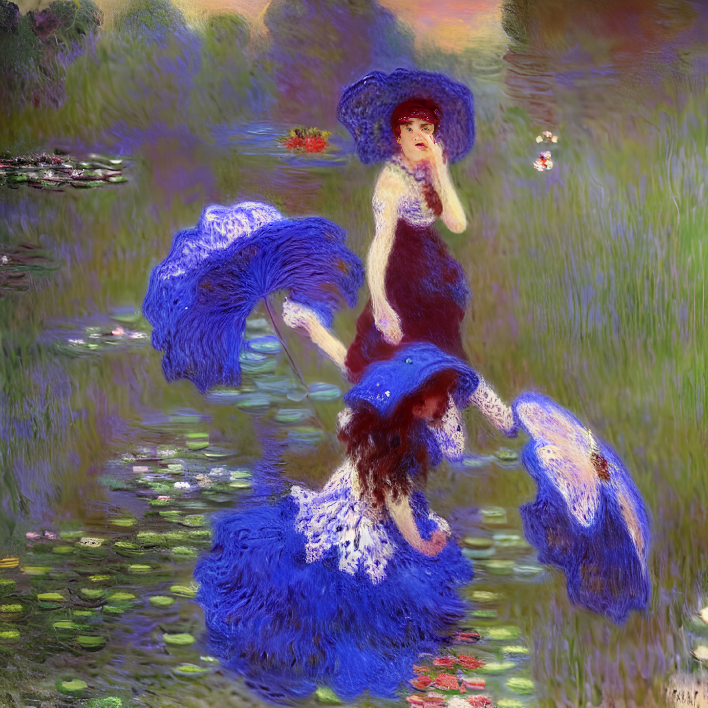 Impressionist-style painting of two women with blue parasols by a pond with water lilies