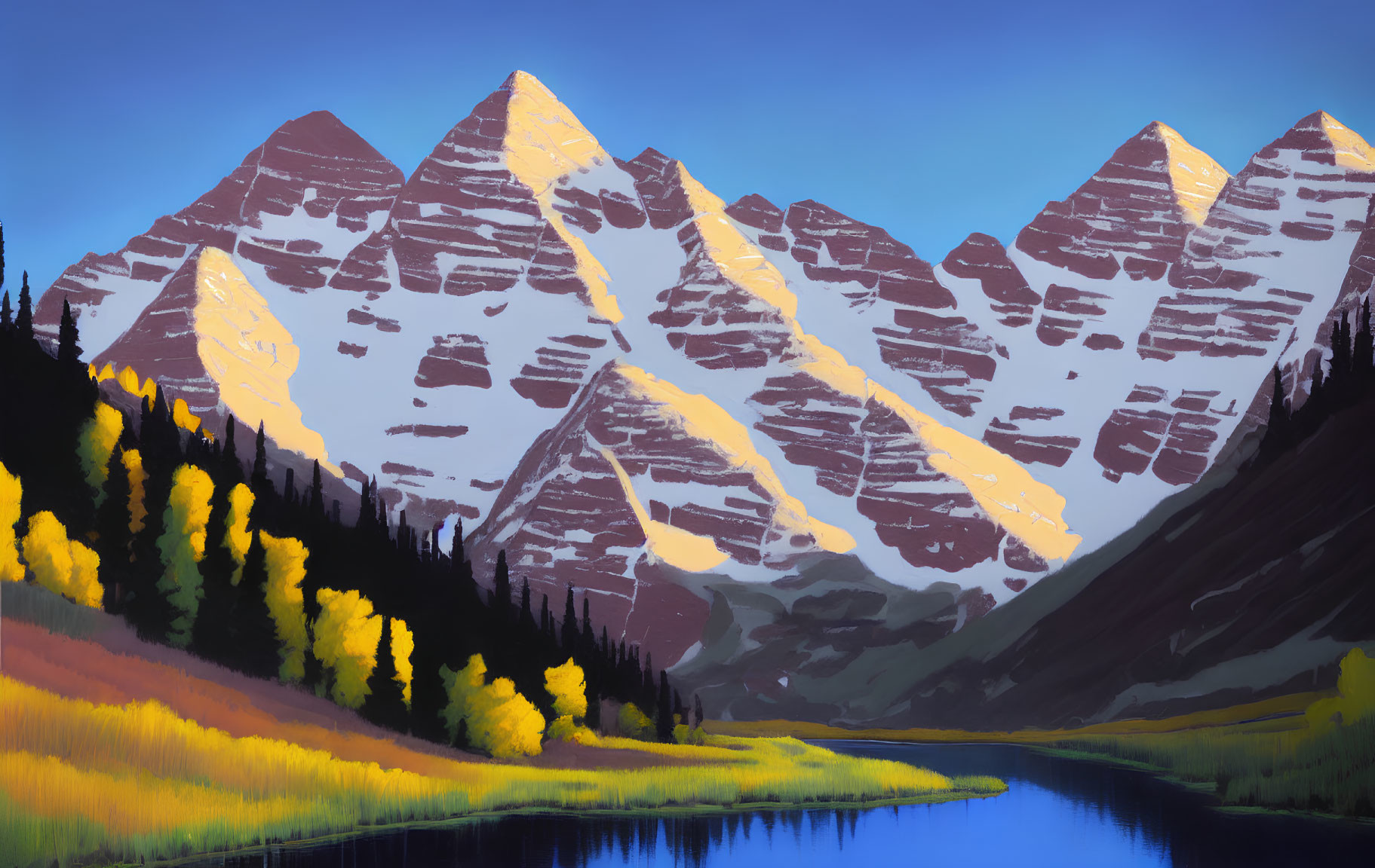 Scenic mountain range with snow-capped peaks and autumn trees