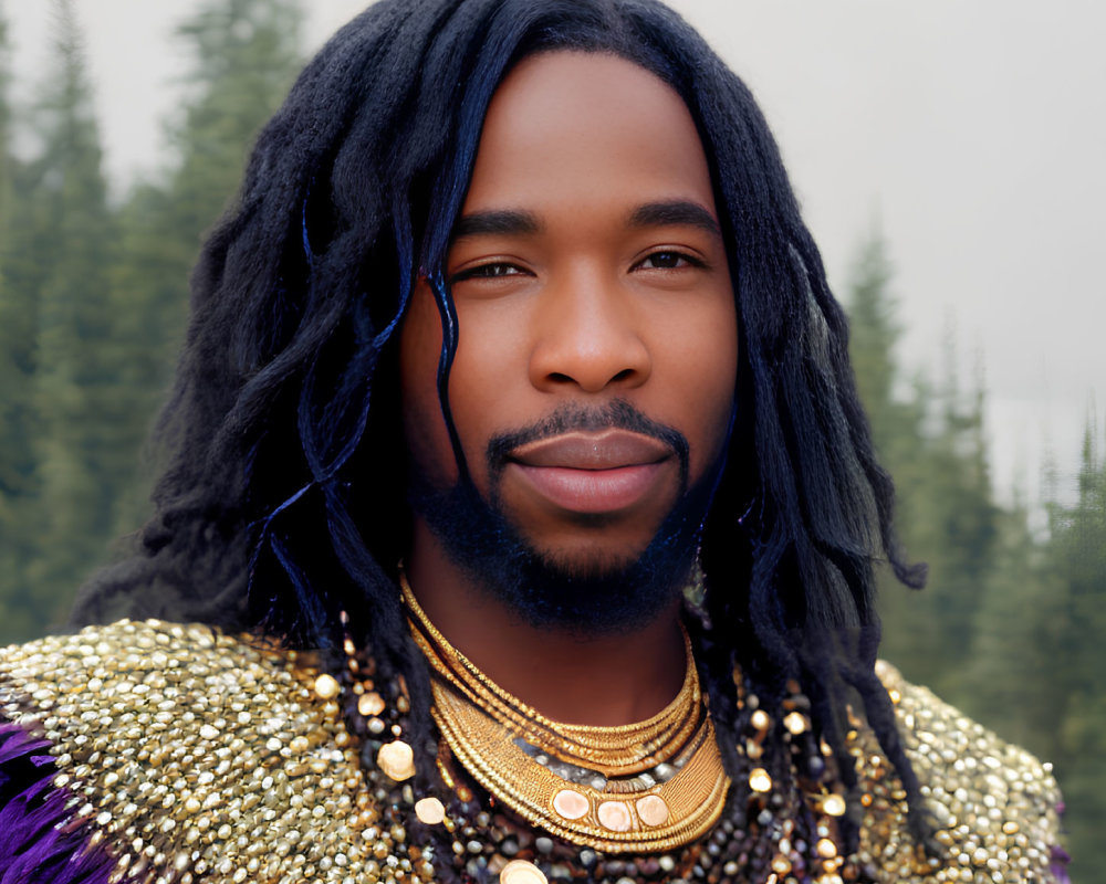 Person with long dreadlocks in colorful beaded outfit and gold necklaces in misty forest.
