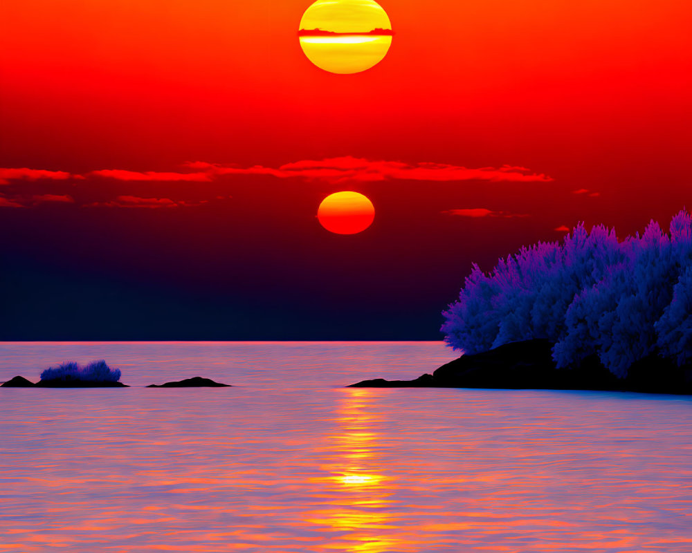 Scenic sunset with large sun, tranquil water, trees, and rocks