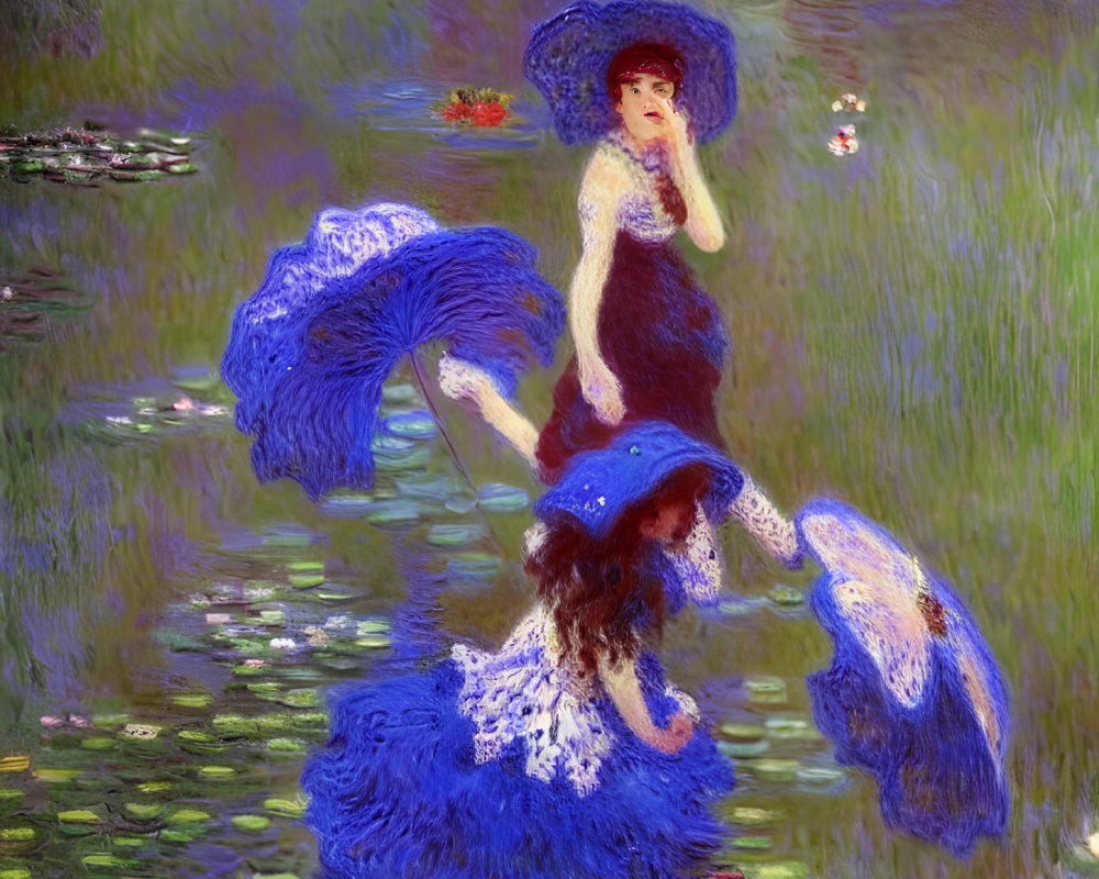 Impressionist-style painting of two women with blue parasols by a pond with water lilies