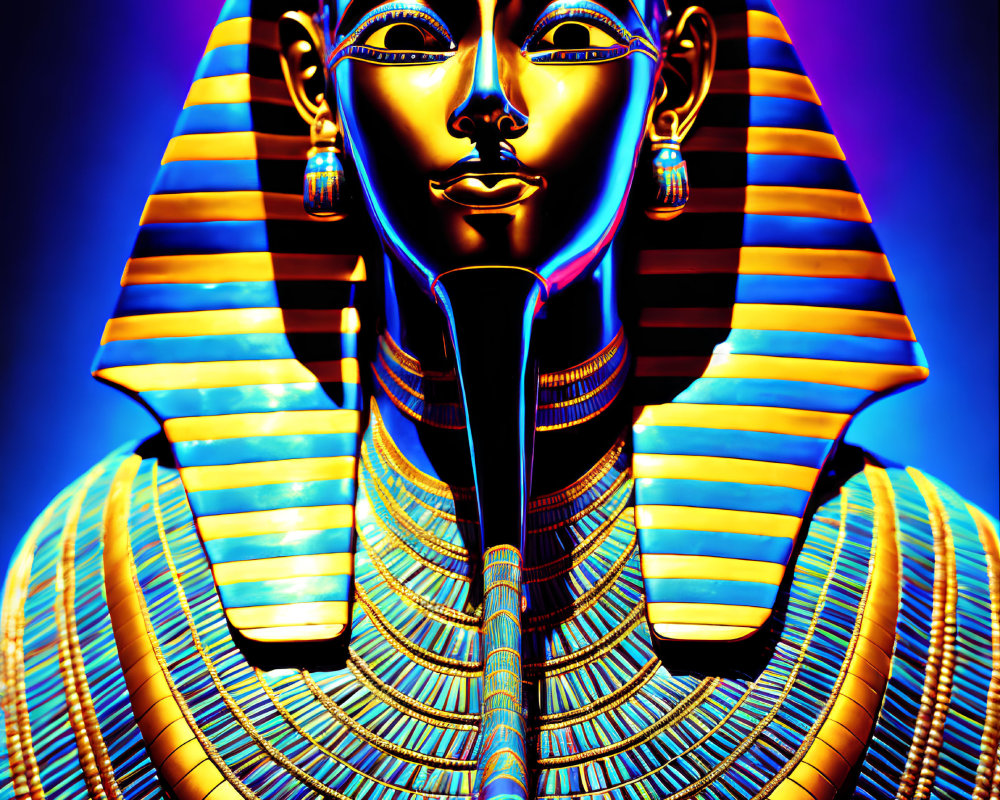 Egyptian Pharaoh Bust with Blue and Gold Tones on Dark Background