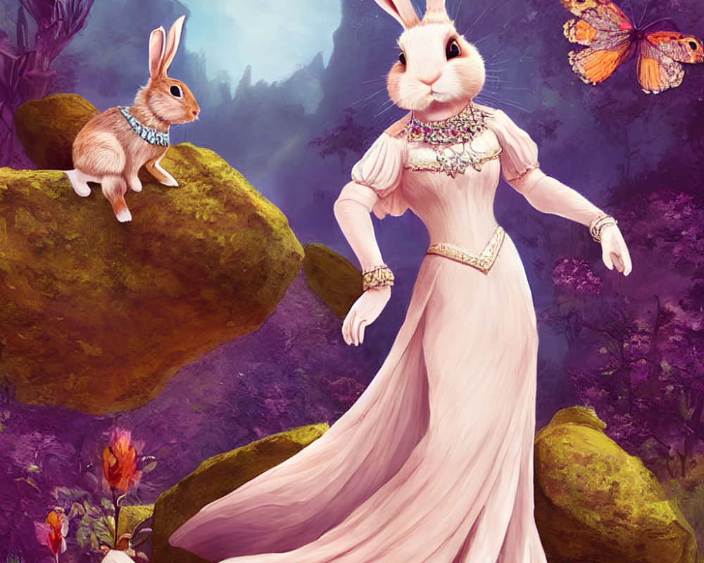 Anthropomorphic rabbit and smaller companion in mystical forest scene.
