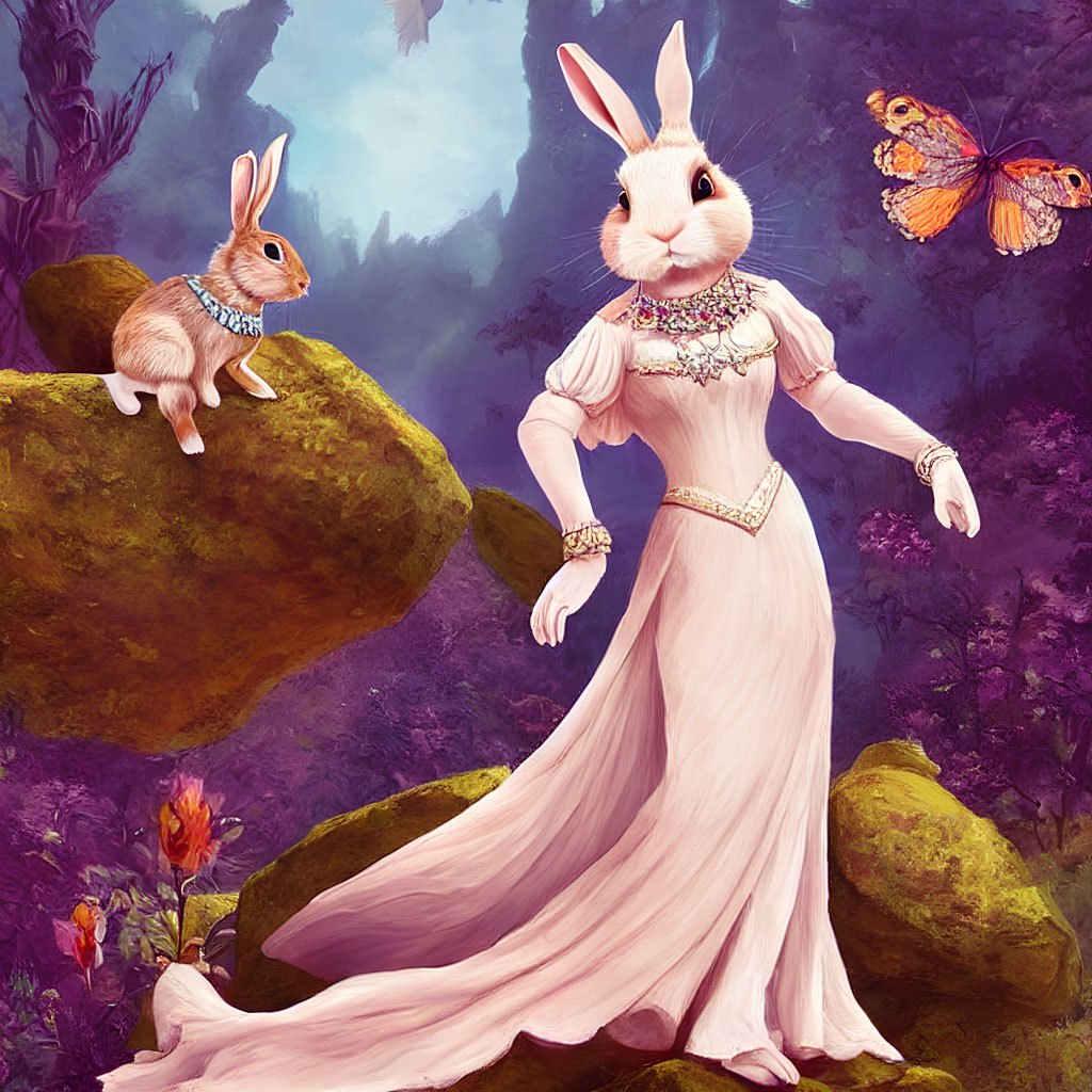 Anthropomorphic rabbit and smaller companion in mystical forest scene.