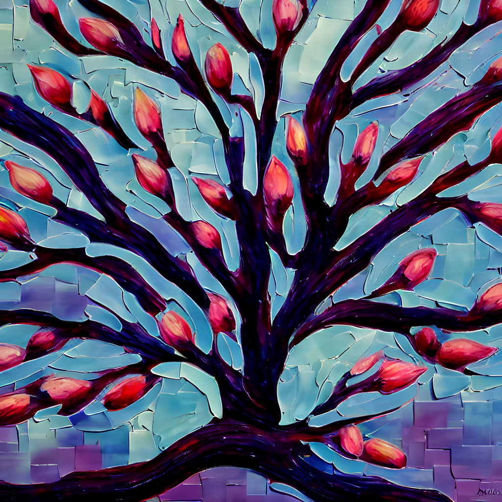 Tree Painting: Red Buds on Blue Mosaic Background