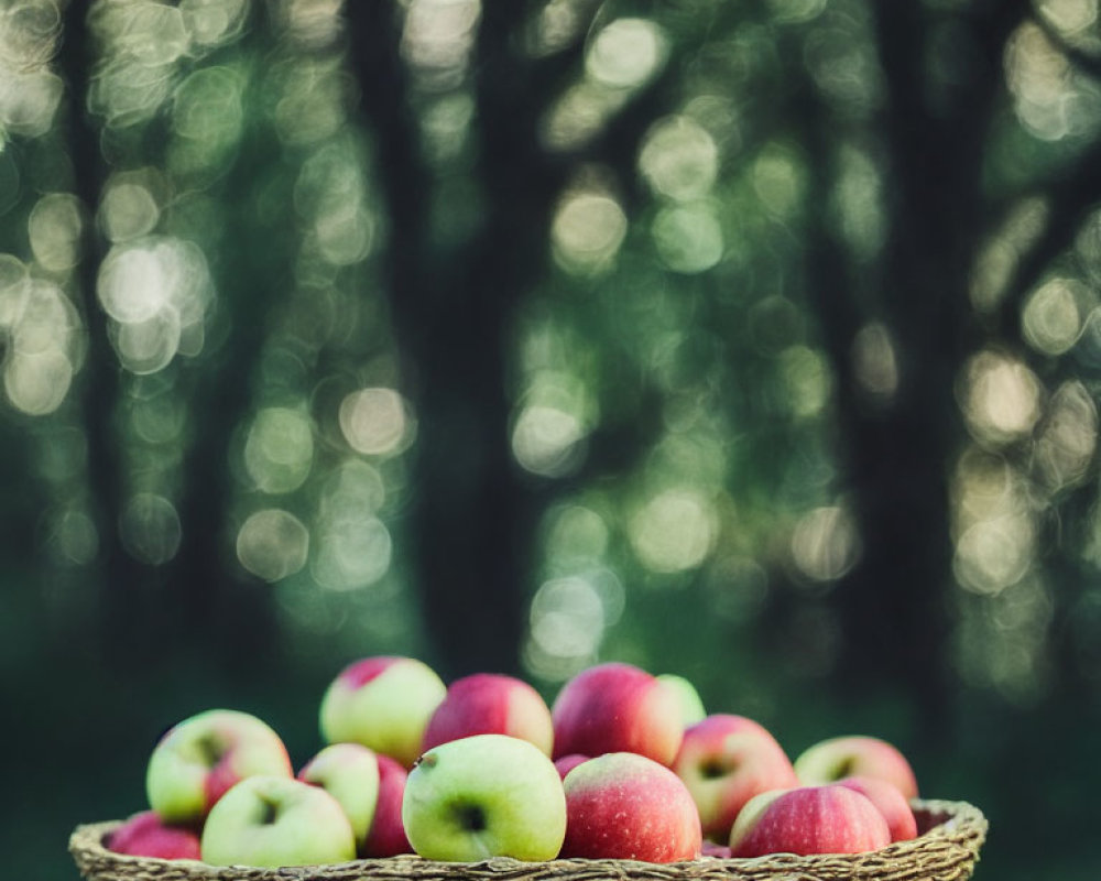 Fresh Multicolored Apples in Basket in Forest Setting