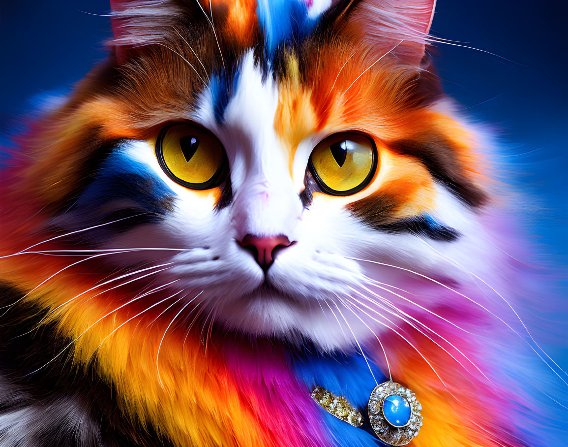 Colorful Long-Haired Cat with Yellow Eyes and Sapphire Pendant on Blue Background