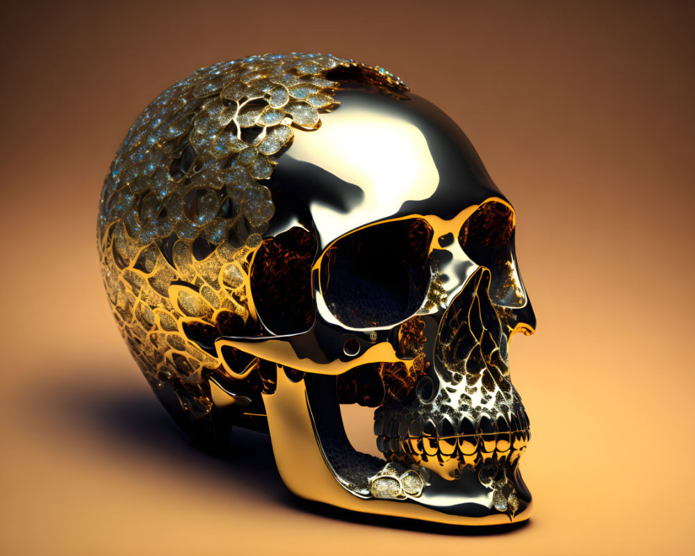 Shiny metallic skull with golden filigree patterns and sunglasses on orange background