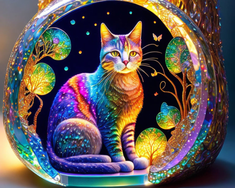 Colorful Cat Inside Luminous Sphere with Butterfly and Tree Motifs