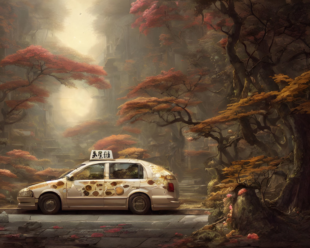 Decorated Car with Floral and Paw Print Designs in Mystical Forest with Ancient Ruins
