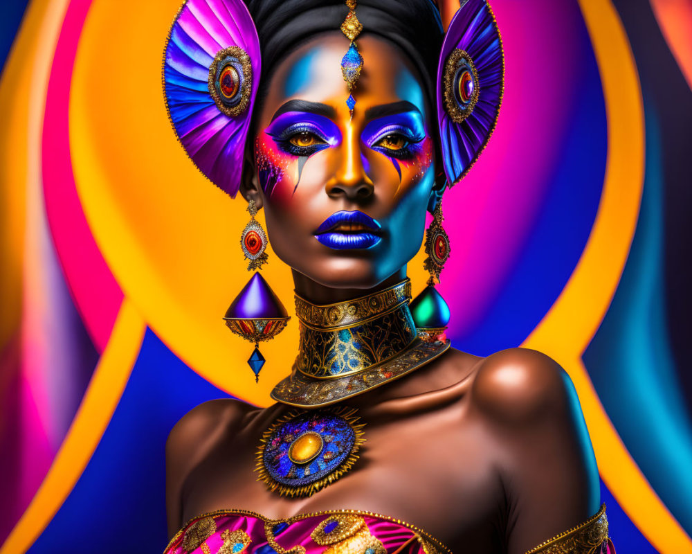 Colorful portrait of woman with bold blue makeup and ornate jewelry on vibrant background