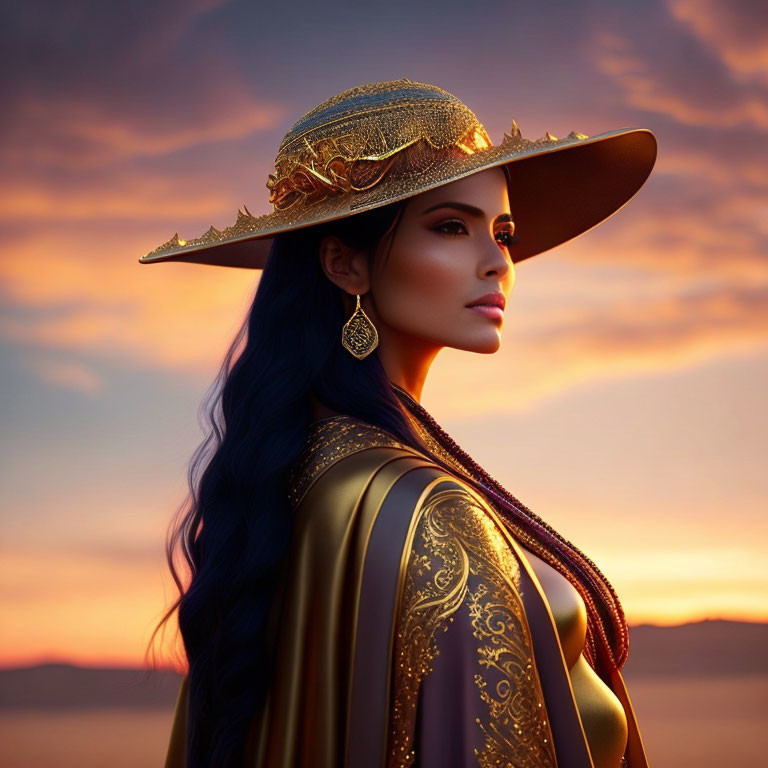 Woman in ornate gold-trimmed hat and gown against vivid sunset sky