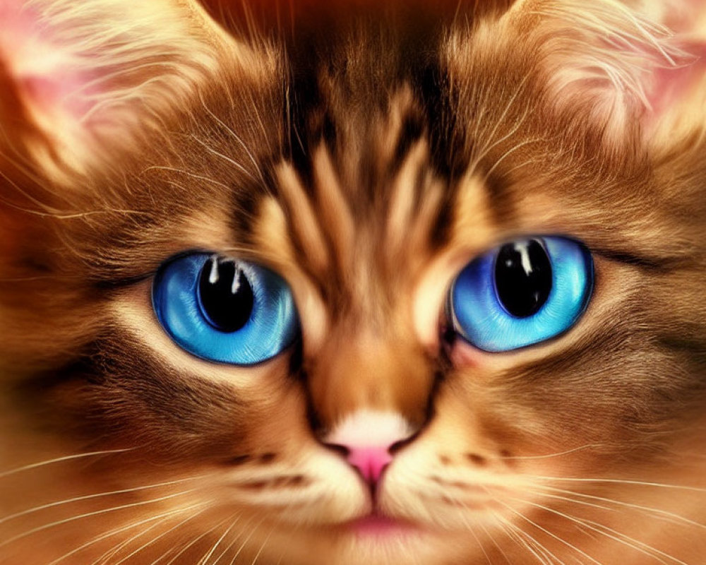 Fluffy orange-brown kitten with large blue eyes and pink nose