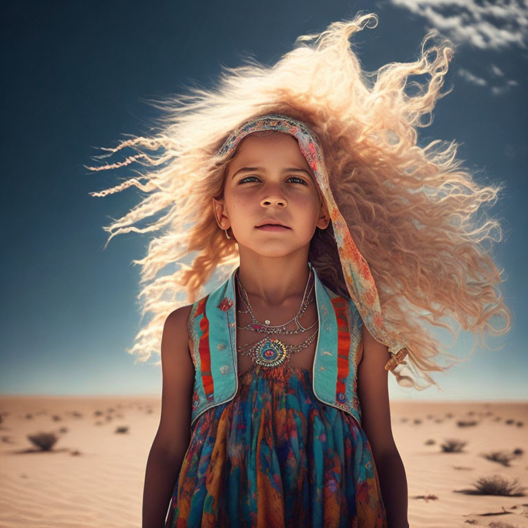 Blonde girl in colorful dress standing in desert landscape