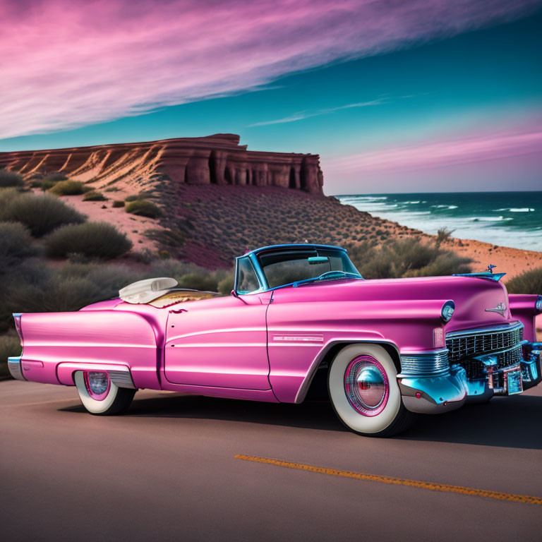 Pink Classic Convertible Car on Coastal Road at Sunset with Rock Formations & Purple-Pink Sky