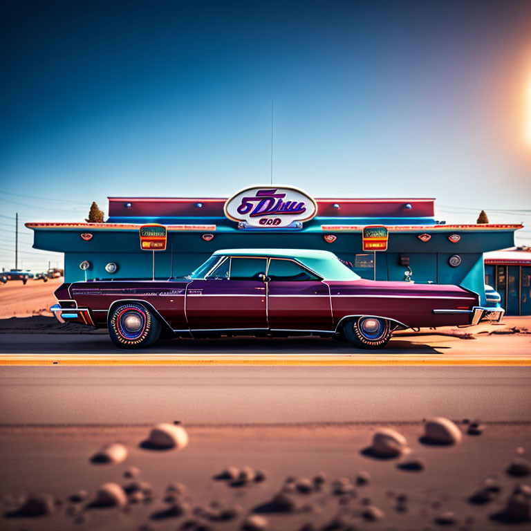 Vintage Purple Car Parked Outside Retro-Style Diner Under Pastel Sunset Sky