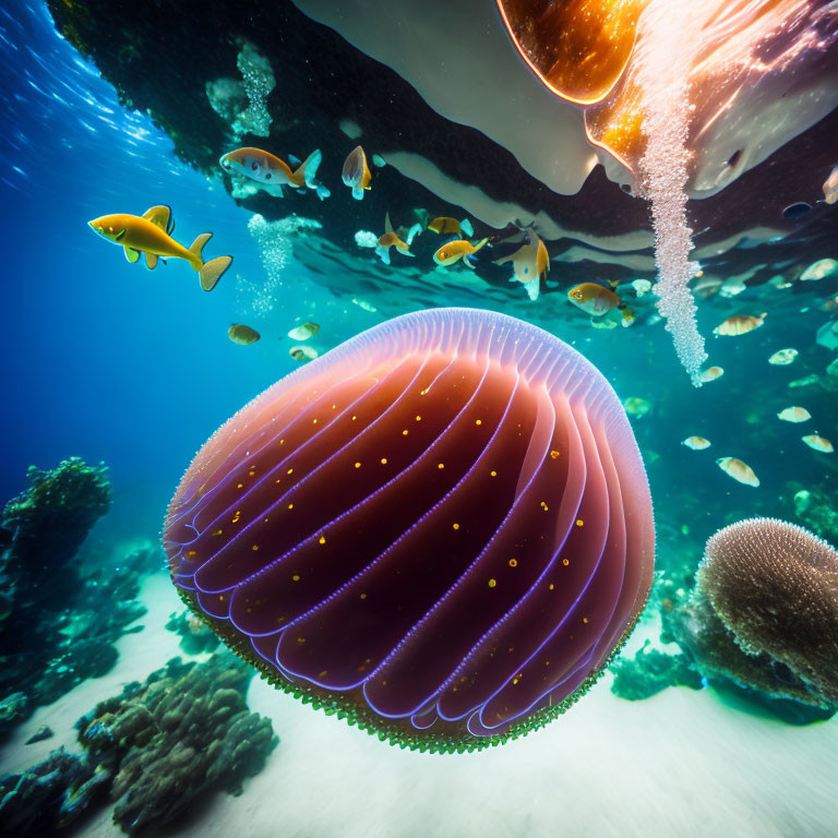 Colorful jellyfish, fish, bubbles, and coral in underwater scene.