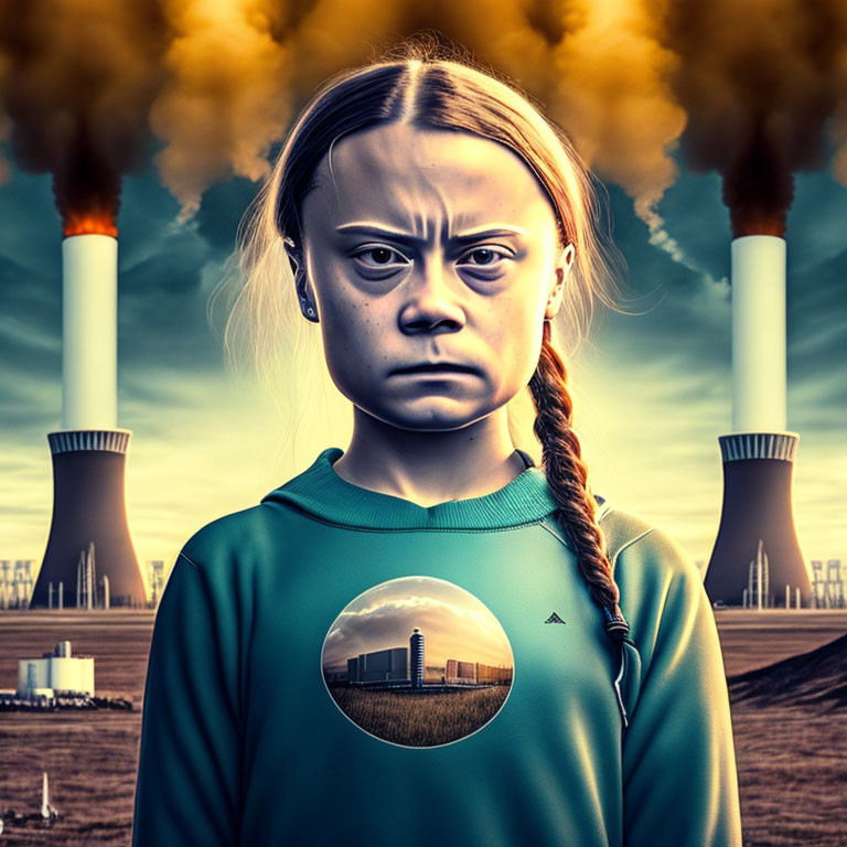 Serious young girl with braided hair standing near industrial smokestacks