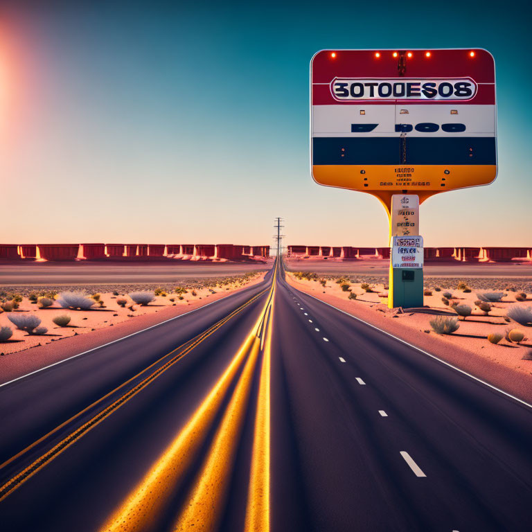 Long desert road with upside-down street sign under sunset sky