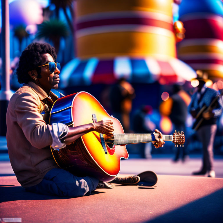 Street Musician Playing Acoustic Guitar with Colorful Background Buildings