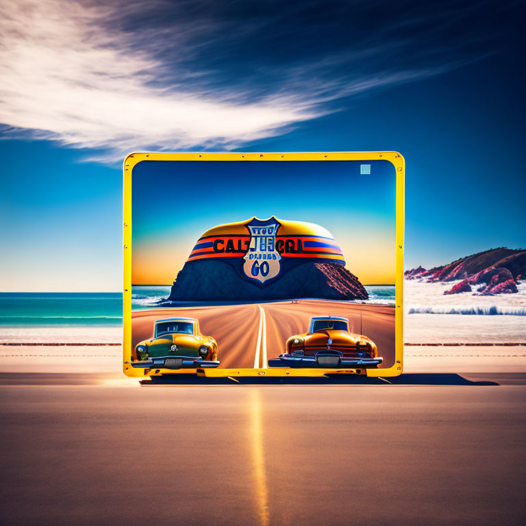 Vintage cars racing on beach road displayed on digital tablet