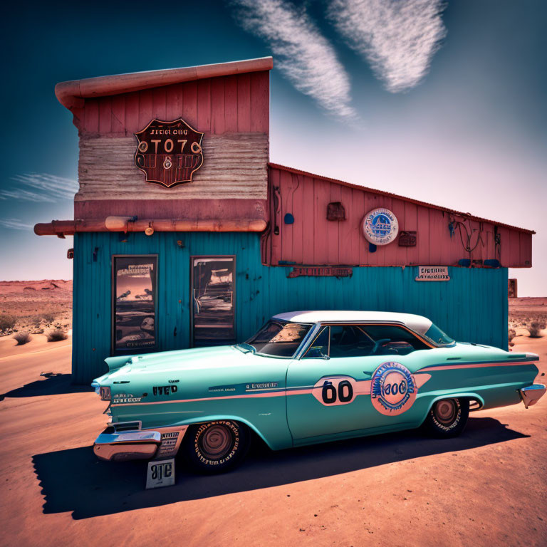 Vintage Turquoise Car Parked in Front of Rustic Building in Desert Setting